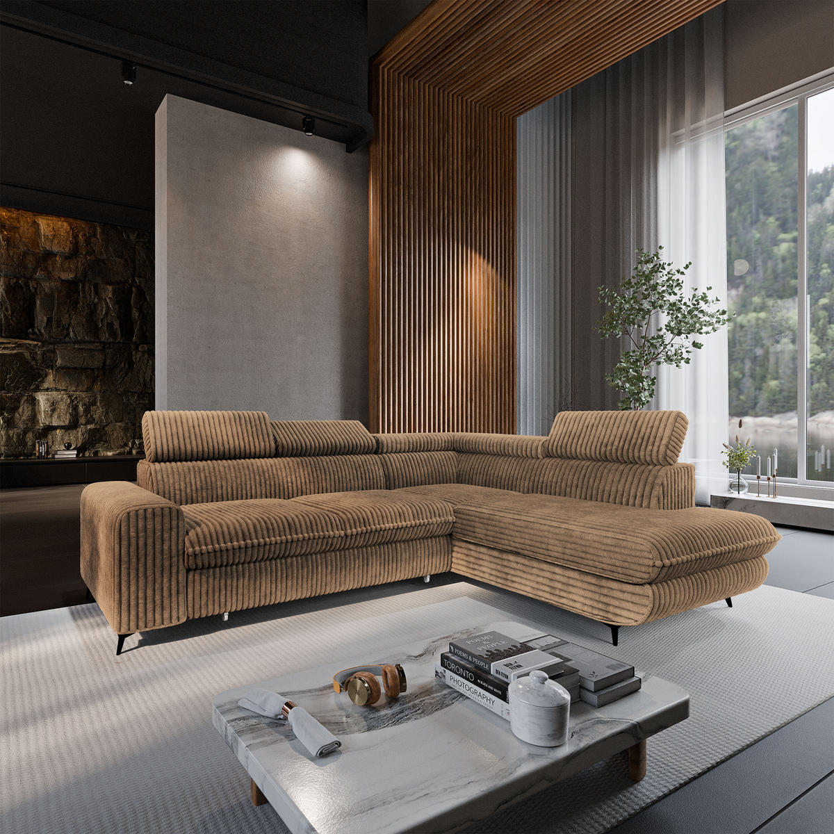 ECKSOFA VELISS Beige Kordstoff mit Schlaffunktion - Beige, Holz (255/193cm) - MASSENO