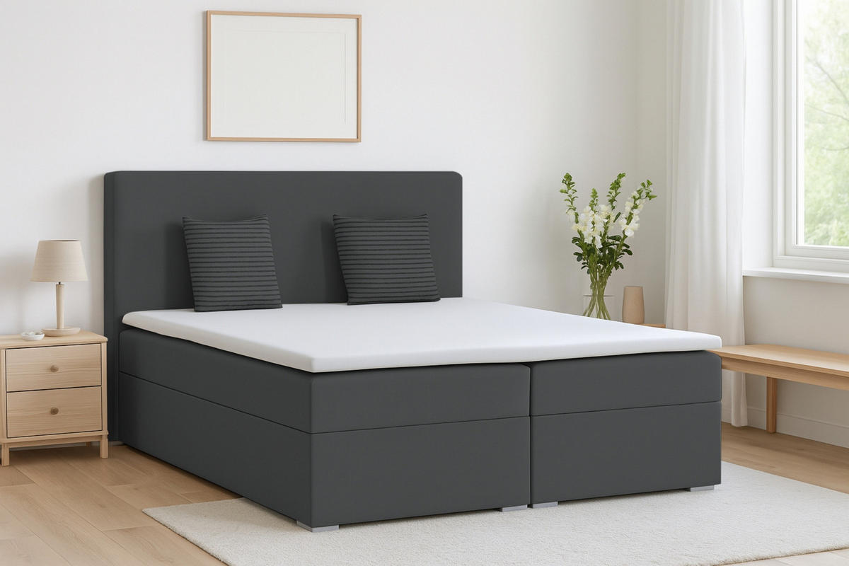 BOXBETT BASIC 200/200 Velours Dunkelgrau mit Taschen-Federkernmatratzen 7 Zonen H4 - Dunkelgrau, Holz/Holzwerkstoff (200/200cm) - Deine Möbel 24