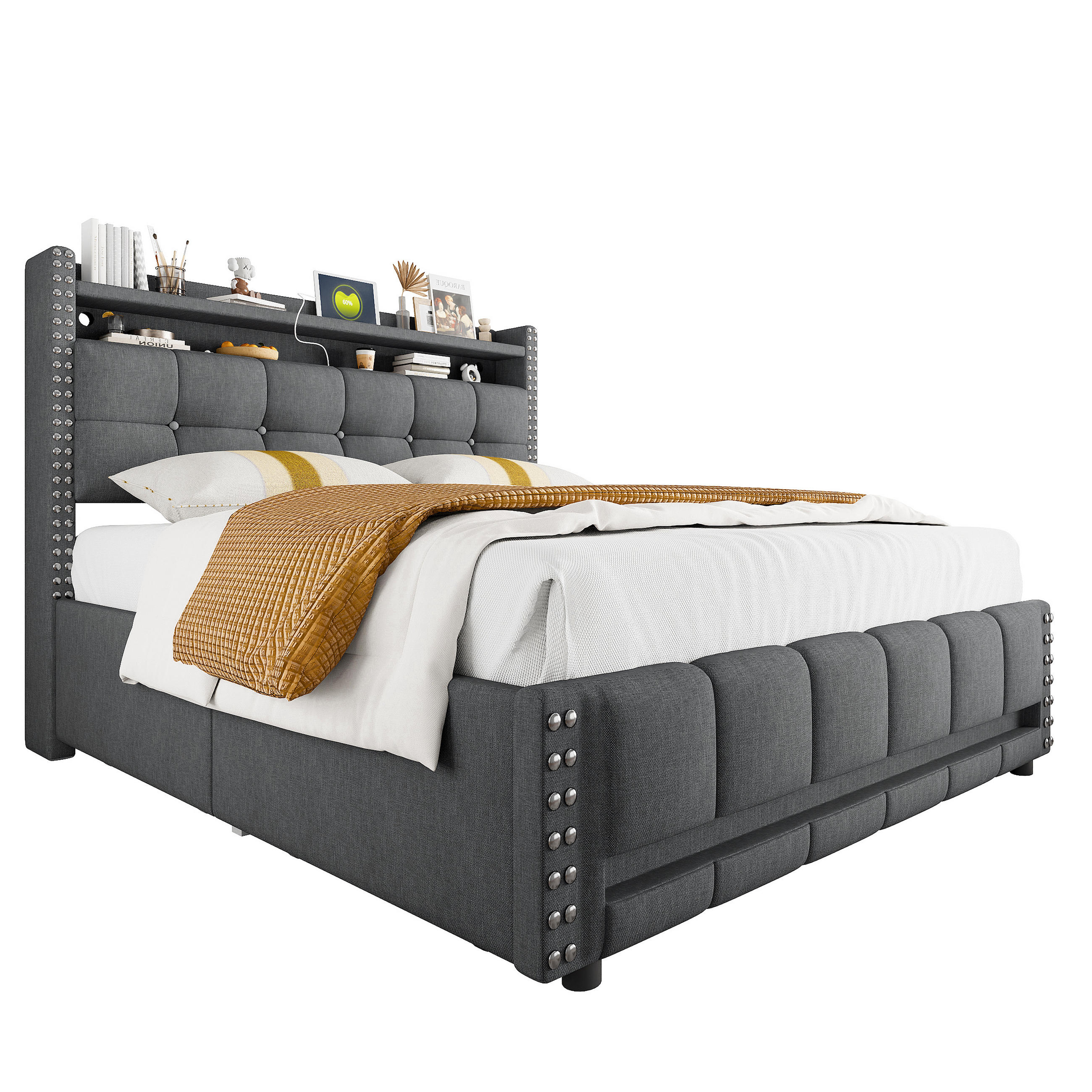POLSTERBETT 160x200 Grau Leinen LED Schubladen - Grau, Textil (160/200cm) - FLIEKS