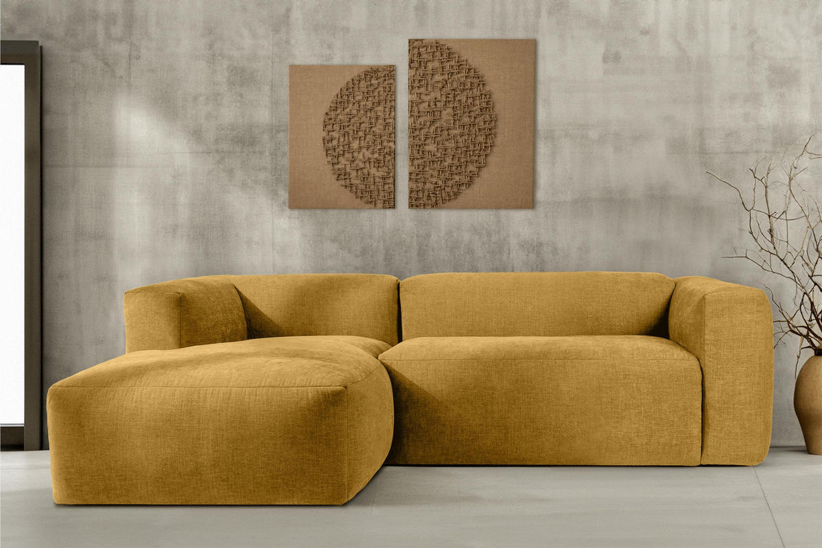 ECKMODULSOFA-LINKS BUFFO 3/4 Sitzer mit extrem weicher Sitzfläche, Gewebestoff, Honig - Gelb, Textil (237/180cm) - KONSIMO®