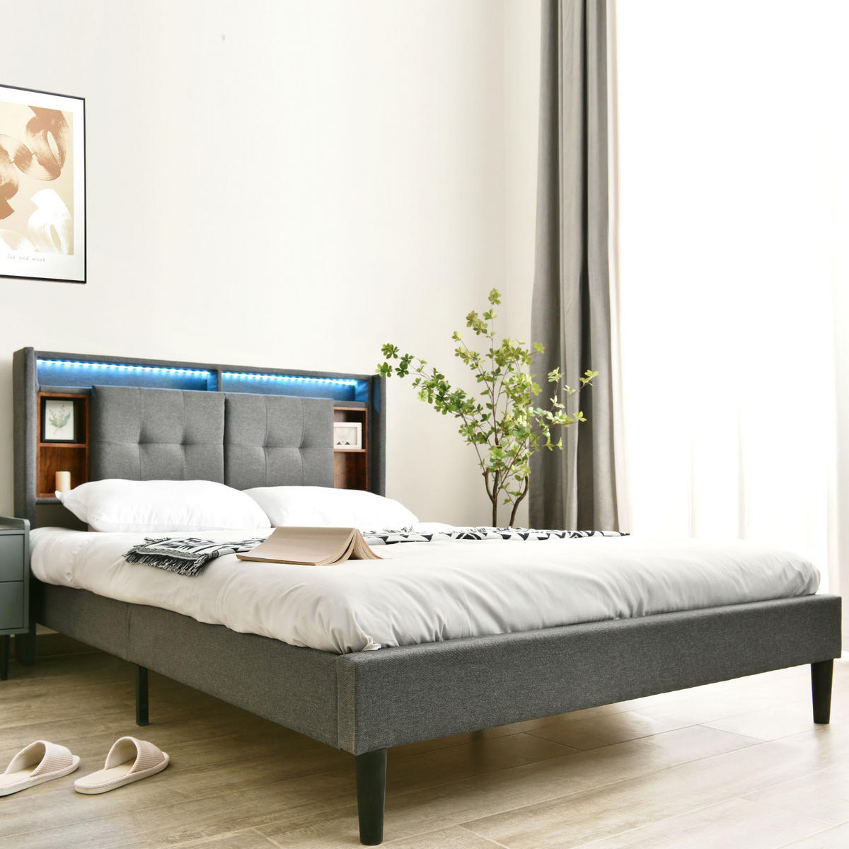 POLSTERBETT 160/200 cm Grau mit Stauraum und USB-Anschlüssen Mit Matratze - Grau, Holz (160/200cm) - OKWISH