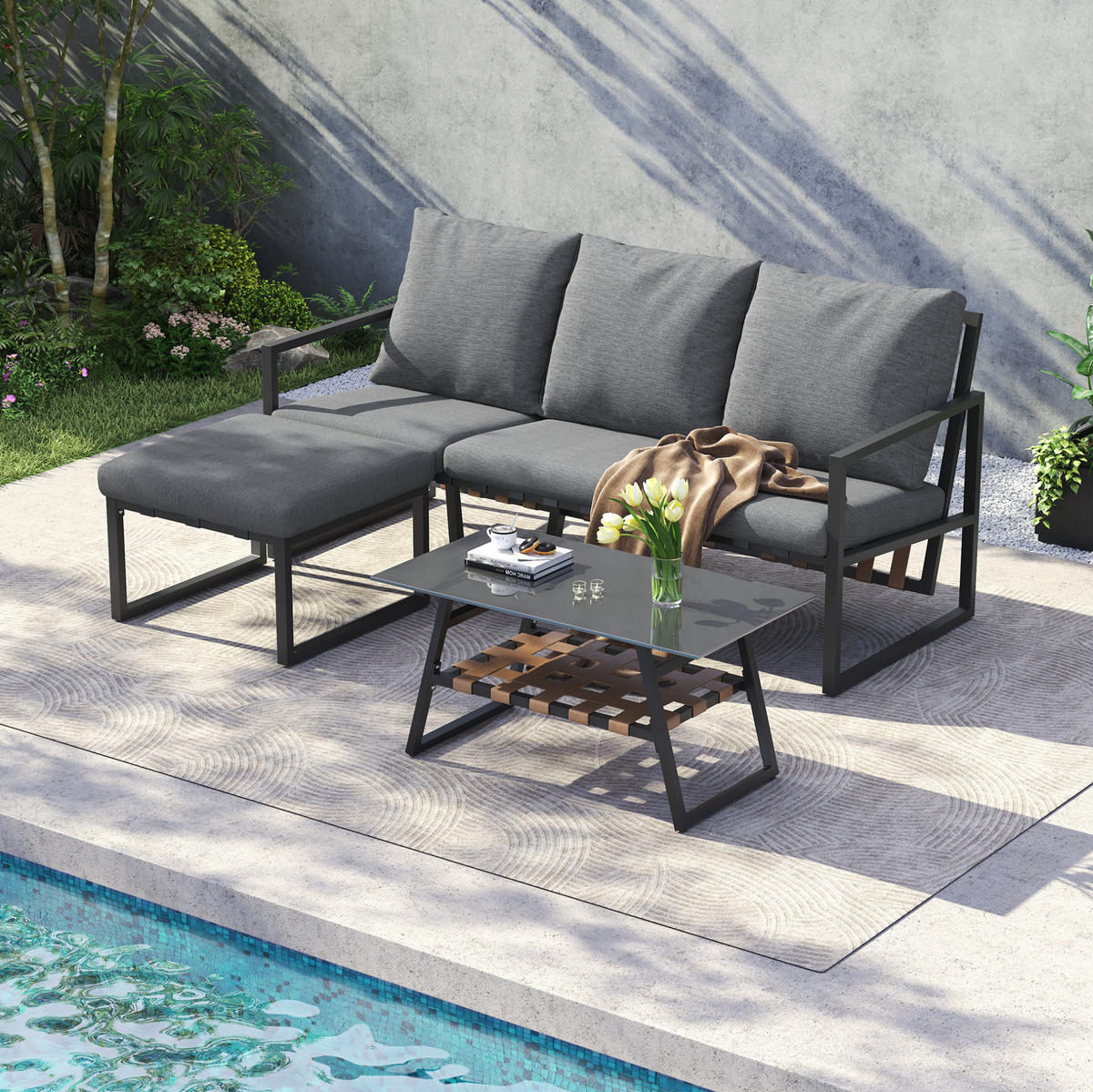 GARTENSET aus verzinktem Stahlrohr mit Glastischplatte Grau mit Sofa, Couchtisch und Fußhocker - Grau, Textil - Modfu