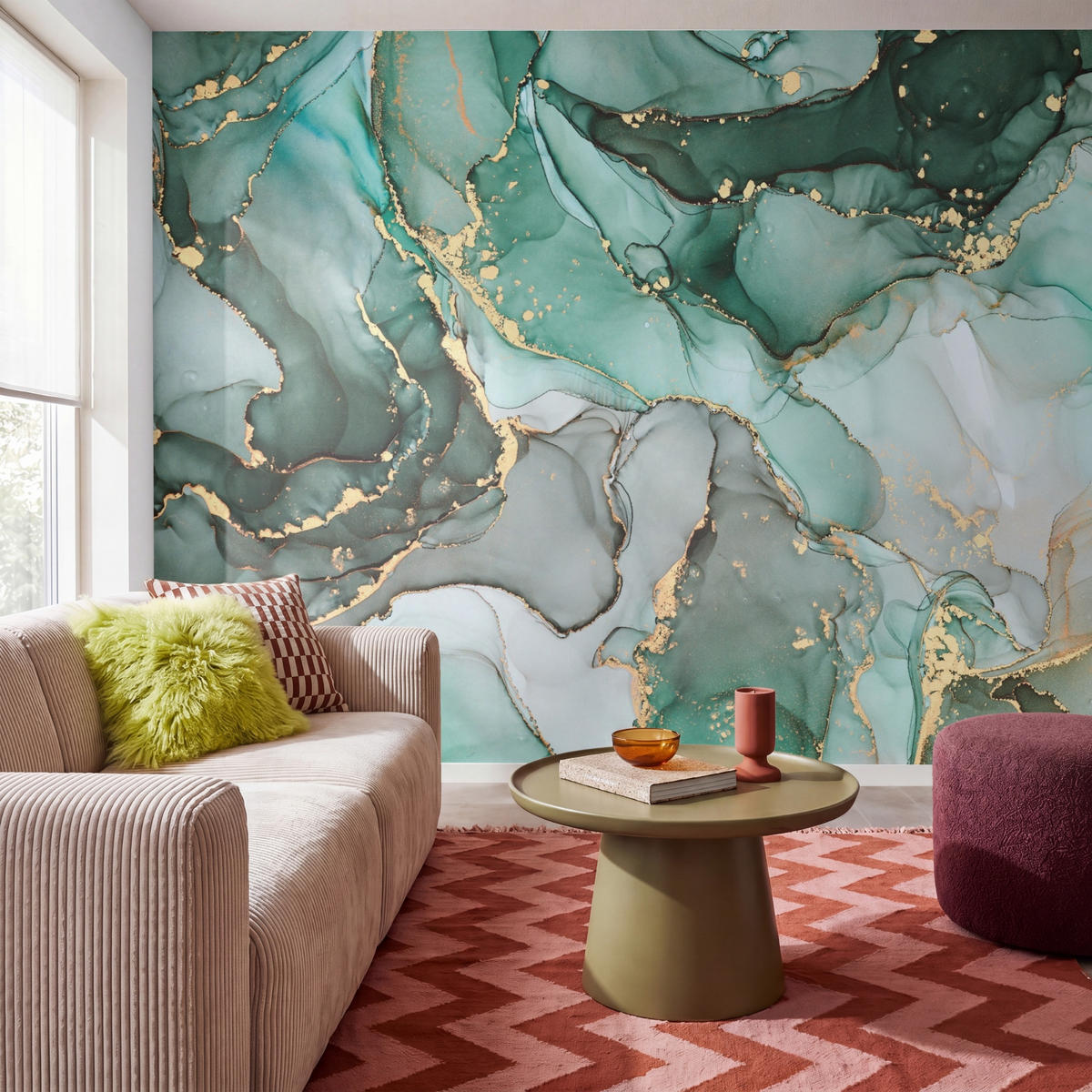 TAPETE - Gold - Marmor - Grün - Luxus - Marmoroptik - Grau - 280x220 cm - Grün, Papier (280/220cm) - OnlyWow