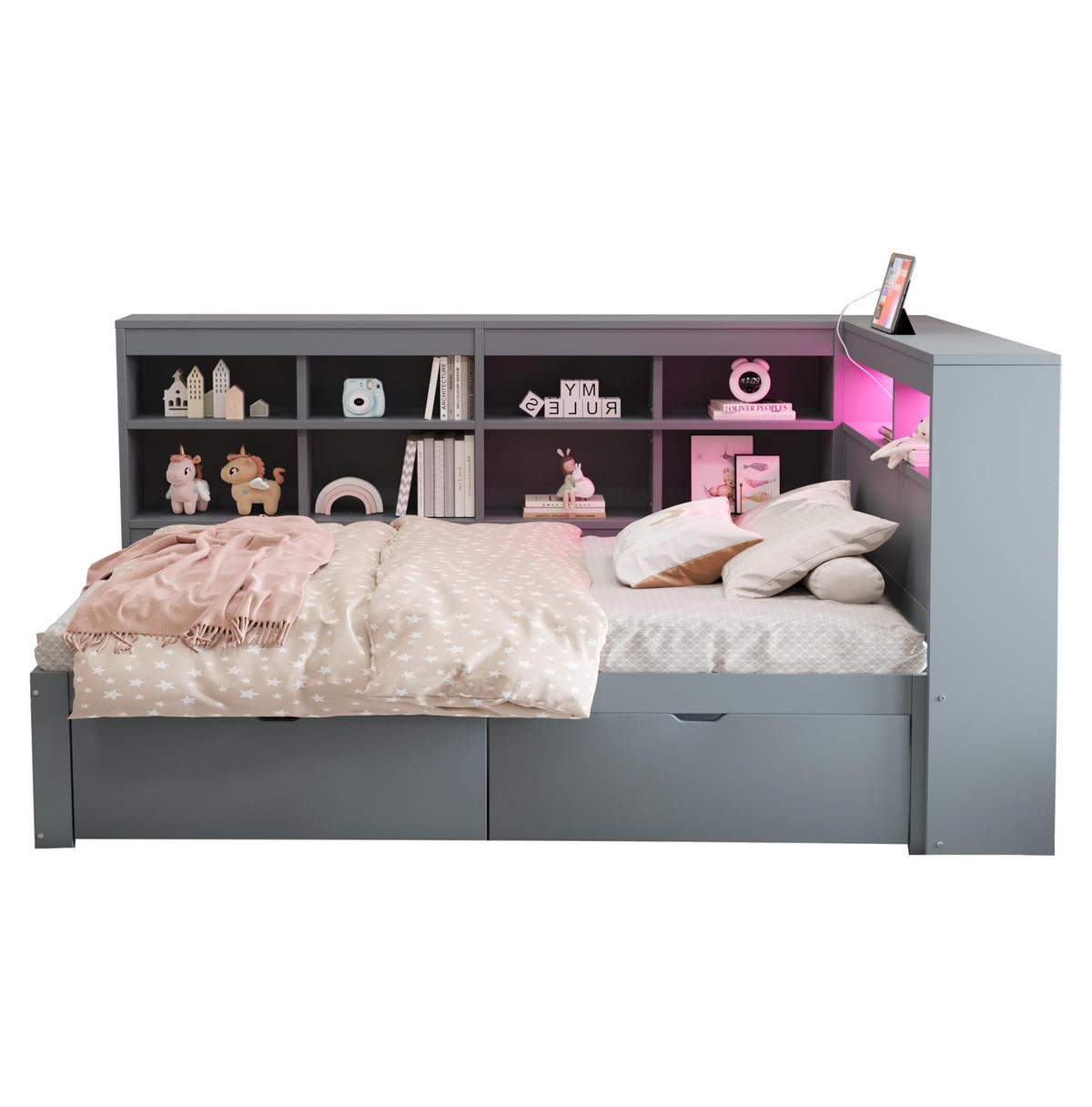 HOLZBETT 90/200 cm mit Kopfteil, Stauraum und LED/USB in Grau - Grau, Holzwerkstoff (90/200cm) - BEAOK