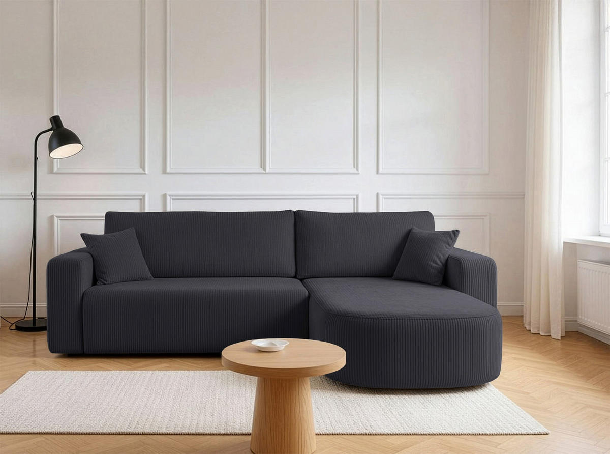 ECKSOFA mit Schlaffunktion Teeo L-Form universal mit Bettkasten Grau Cord - Schwarz/Grau, Kunststoff/Textil (275/170cm) - Homebook