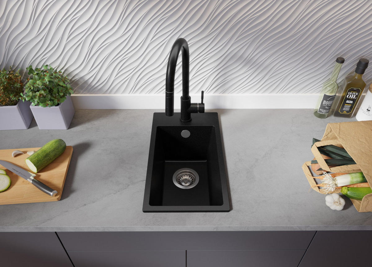 GRANITSPÜLE Riga, 2-er set Alles Schwarz 28/50 cm 1 Becken + Küchenarmatur 32/20 cm + Ablauf-Set ab 30er Unterschrank - Schwarz, Kunststoff (28/20/50cm) - Primagran