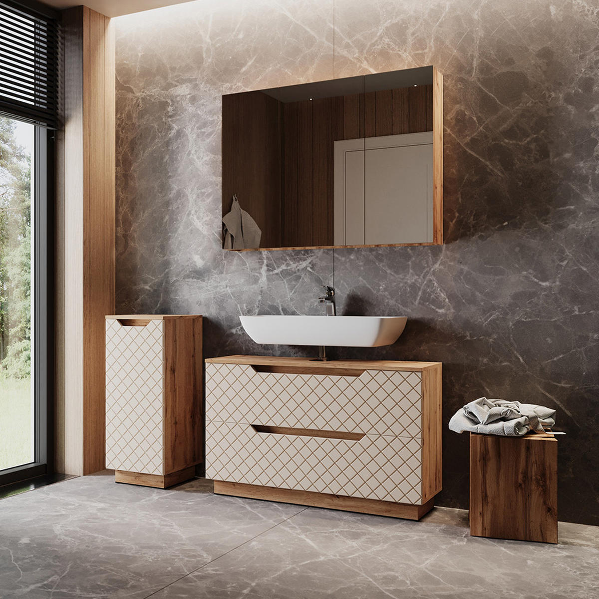 BADMÖBEL-SET Lotta Eiche/Kaschmir gestreift 3 Teile - Kaschmir/Eichefarben, Holzwerkstoff (99.4/62.5/32cm) - Vicco