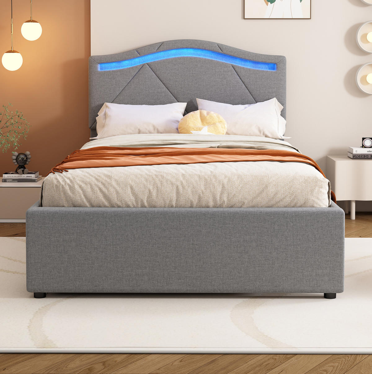 POLSTERBETT 90/200 cm mit LED-Beleuchtung, 2 Schubladen, verstellbarem Kopfteil und Lattenrost, Grau - Grau, Textil (90/200cm) - Redom
