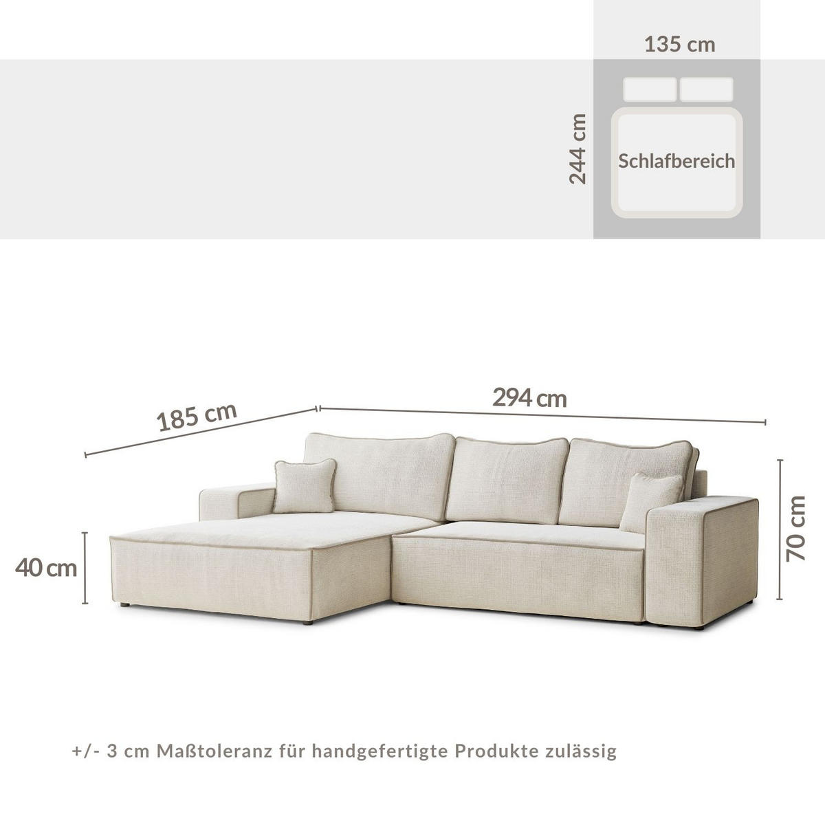 ECKSOFA MIT SCHLAFFUNKTION Modo Ecru-Dunkelblau Chenille-Stoff - Links Seite - Ecru/Schwarz, Holz/Holzwerkstoff (185/294cm) - Maison de Reve