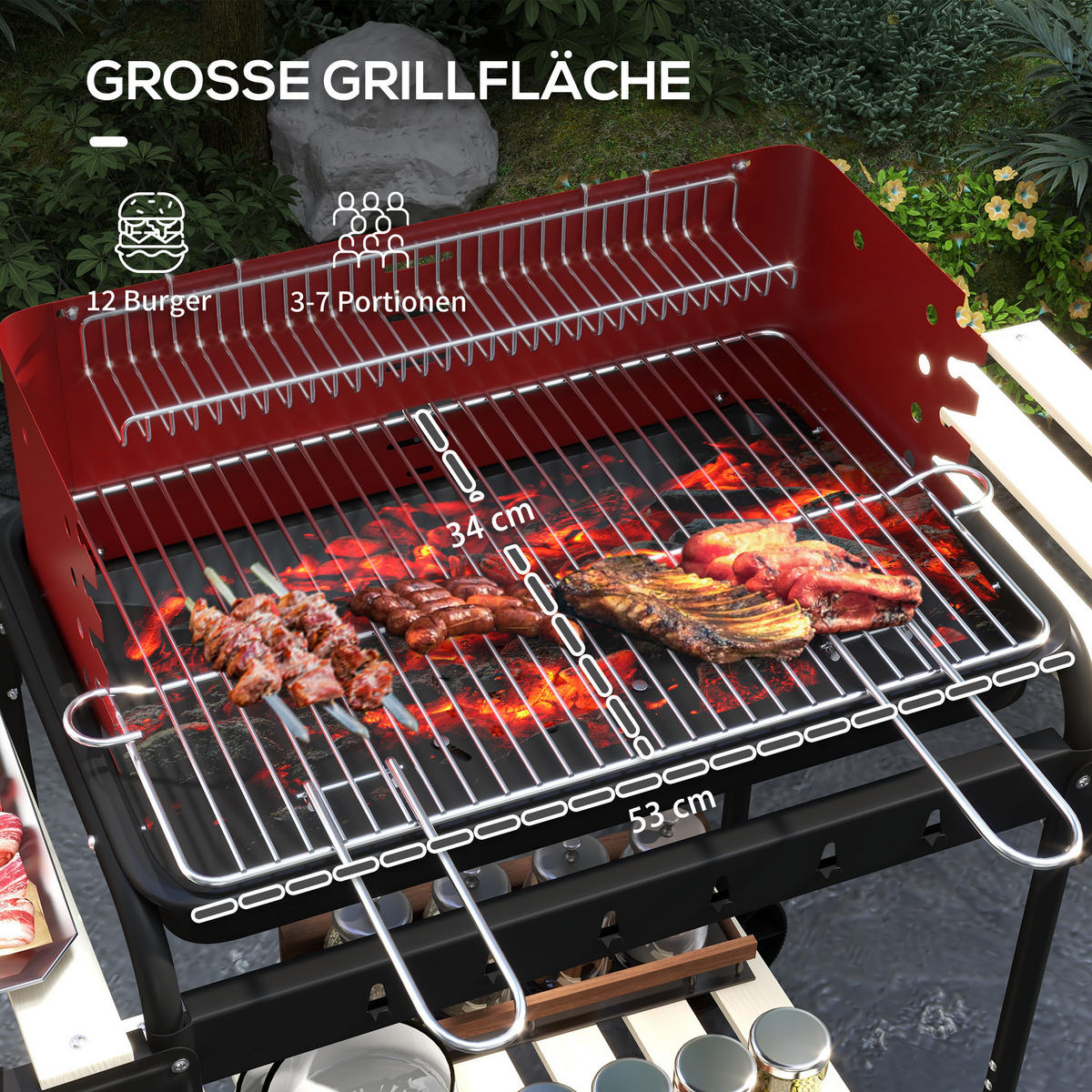 HOLZKOHLEGRILL aus Metall mit Räder - Rot, Metall (47/95/103cm) - Outsunny