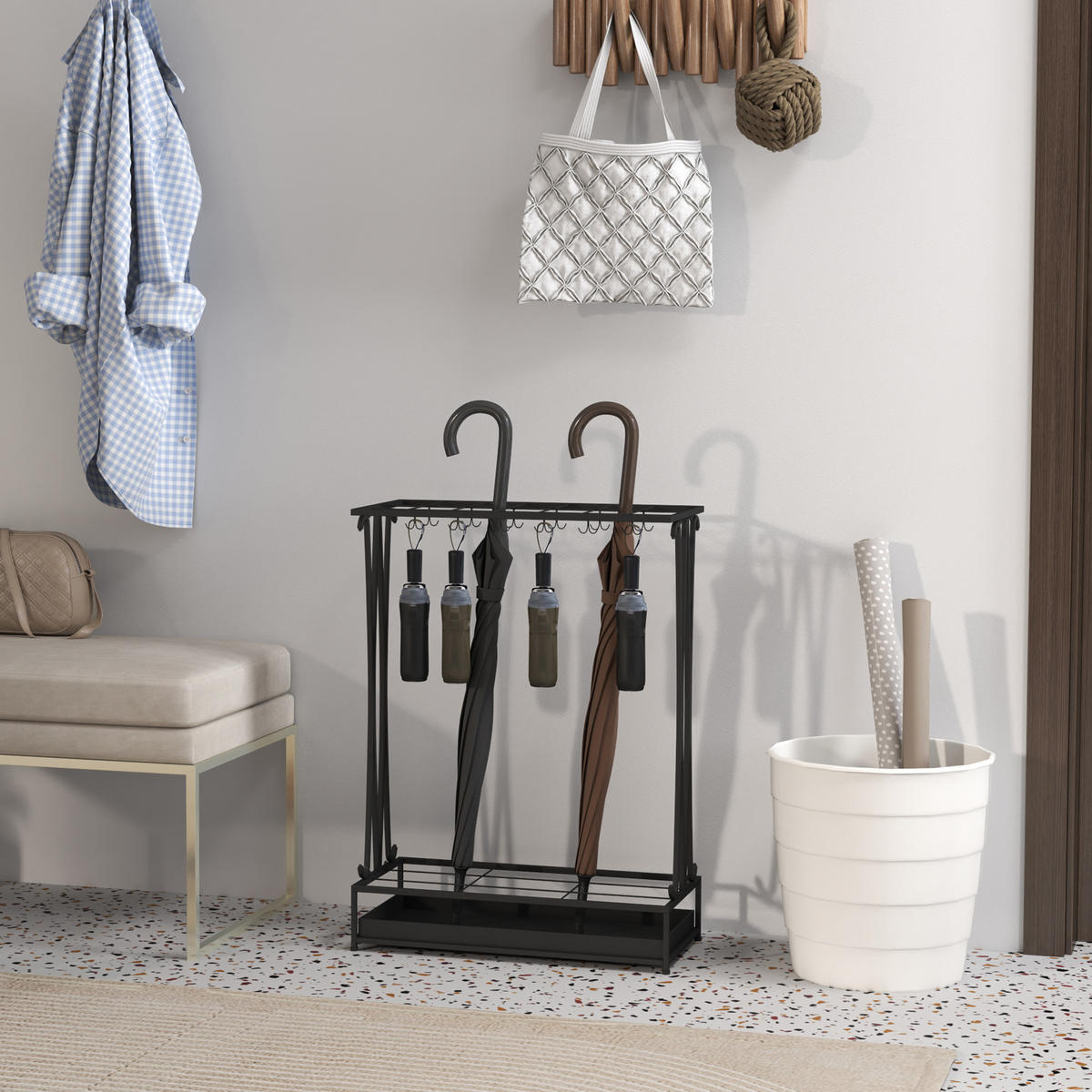 REGENSCHIRMSTÄNDER mit 24 Haken, 21 Löchern, 50 x 24 x 68 cm, Schwarz - Schwarz, Metall (24/68/50cm) - HOMCOM