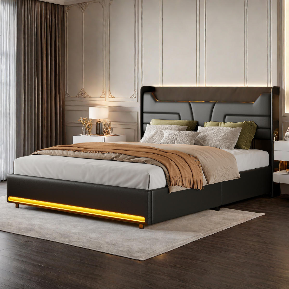 POLSTERBETT 140x200 cm Schwarz PU LED USB Bettkasten - Schwarz, Holz (140/200cm) - SHOPENTRA