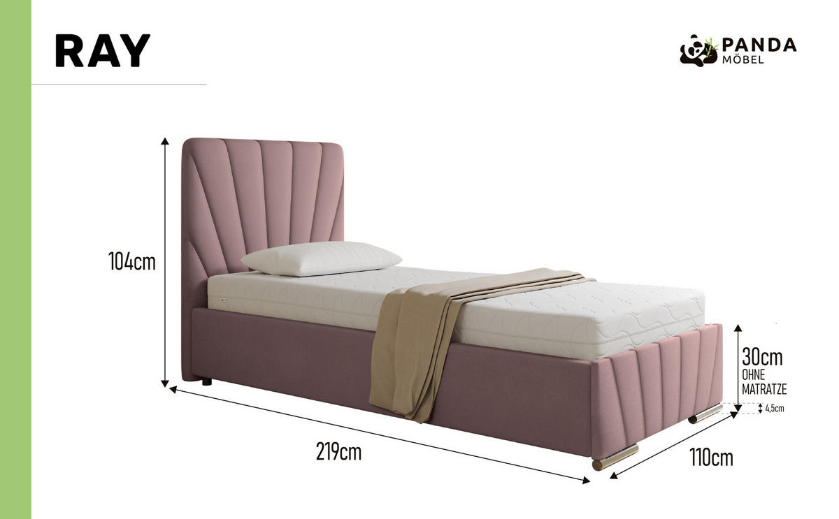 POLSTERBETT Ray 90 x 200 cm mit Bettkasten und Lattenrost federkernmatratze- rosa - Rosa, Holz (90/200cm) - Panda Möbel