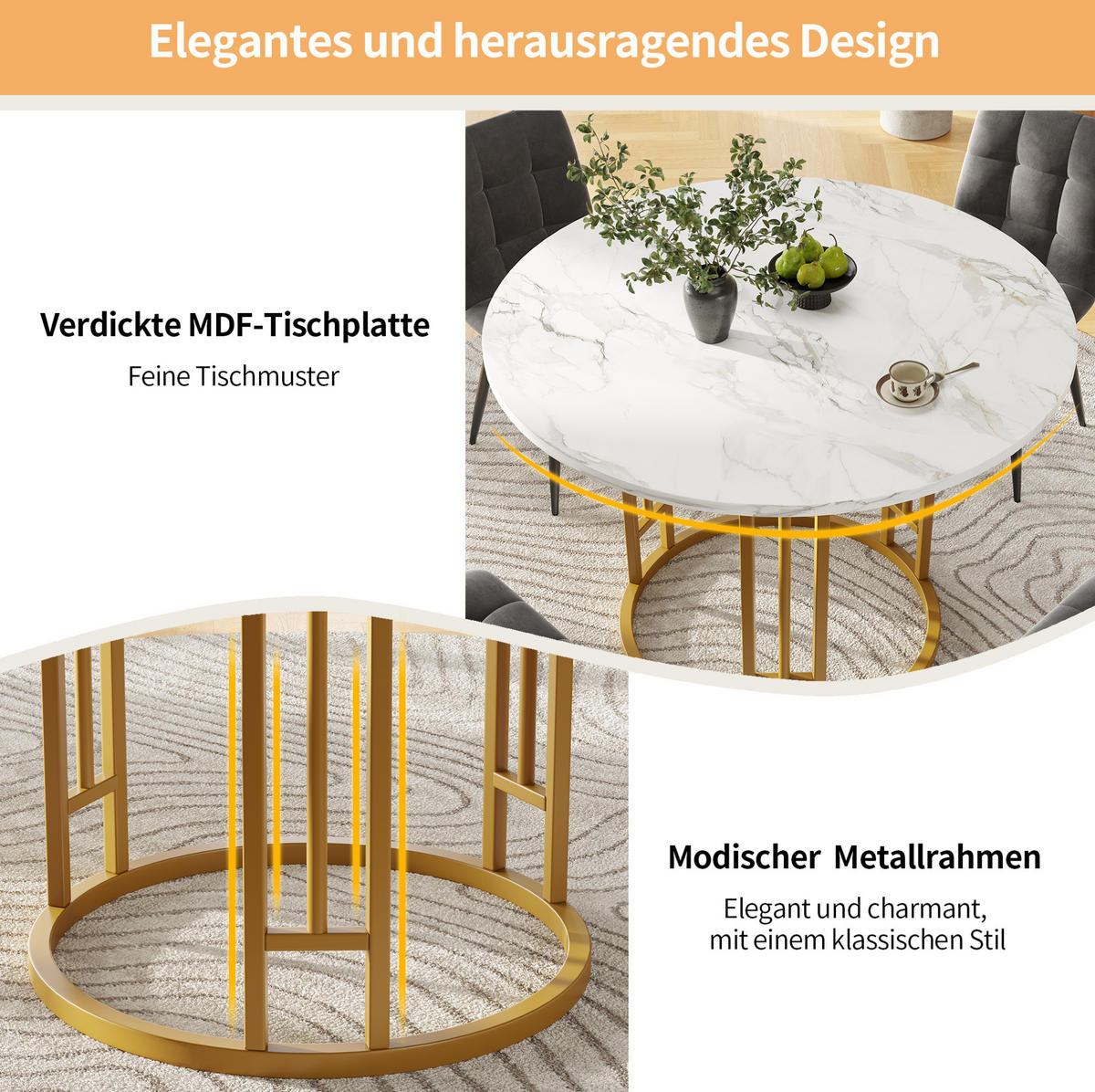 ESSTISCH rund, MDF mit Marmoroptik & Metallgestell, 80/80/76 cm, Weiß - Weiß, Holzwerkstoff (80/80/76cm) - Redom