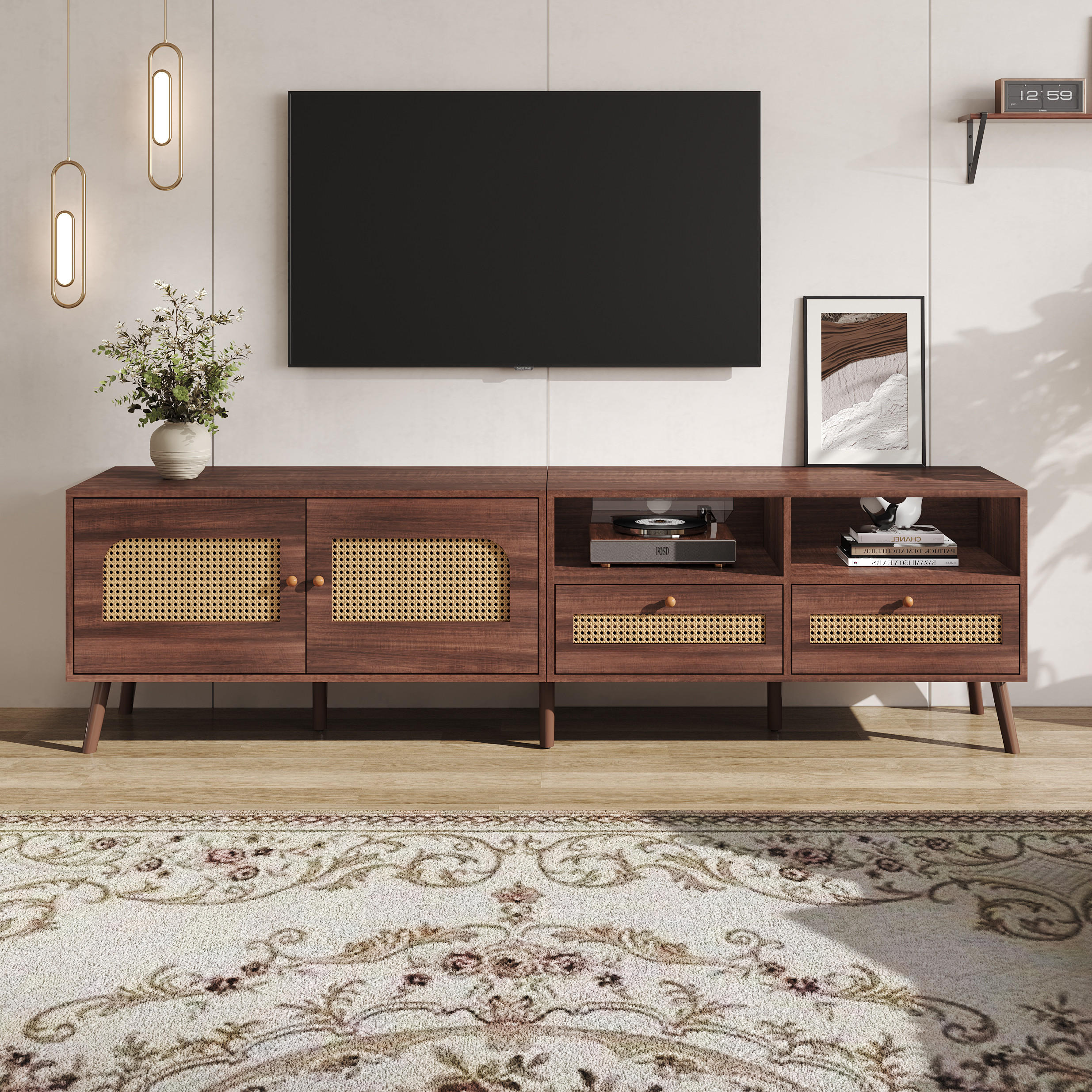 LOWBOARD Retro Rattan-Design, 200/37/49.5cm - Walnussfarben, Holzwerkstoff (200/49.5/37cm) - Urban Meuble