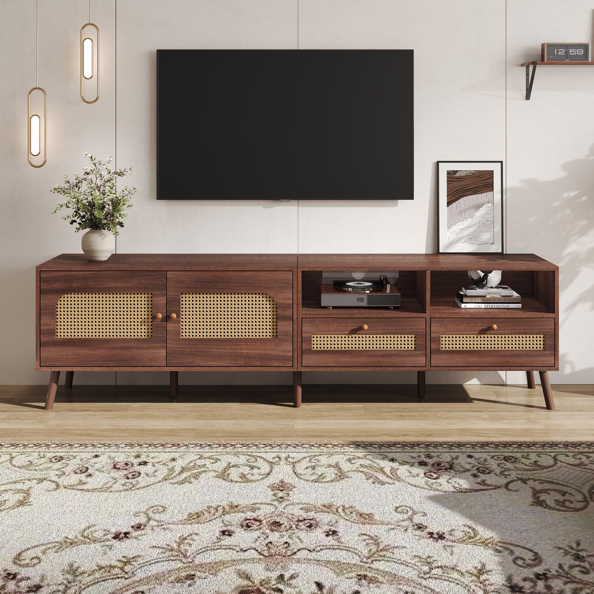 LOWBOARD Retro Rattan-Design, 200/37/49.5cm - Walnussfarben, Holzwerkstoff (200/49.5/37cm) - Urban Meuble