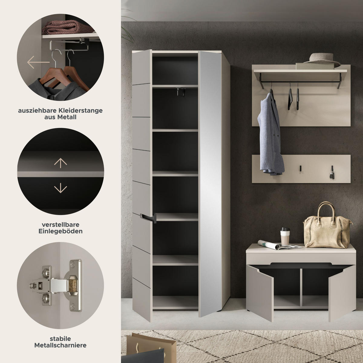 GARDEROBE Nova 3-tlg. (B/H/T: ca. 160/190/37 cm) in Basalt grau/weiß - Kaschmir, Holzwerkstoff (160/190/37cm) - Homes & Jones