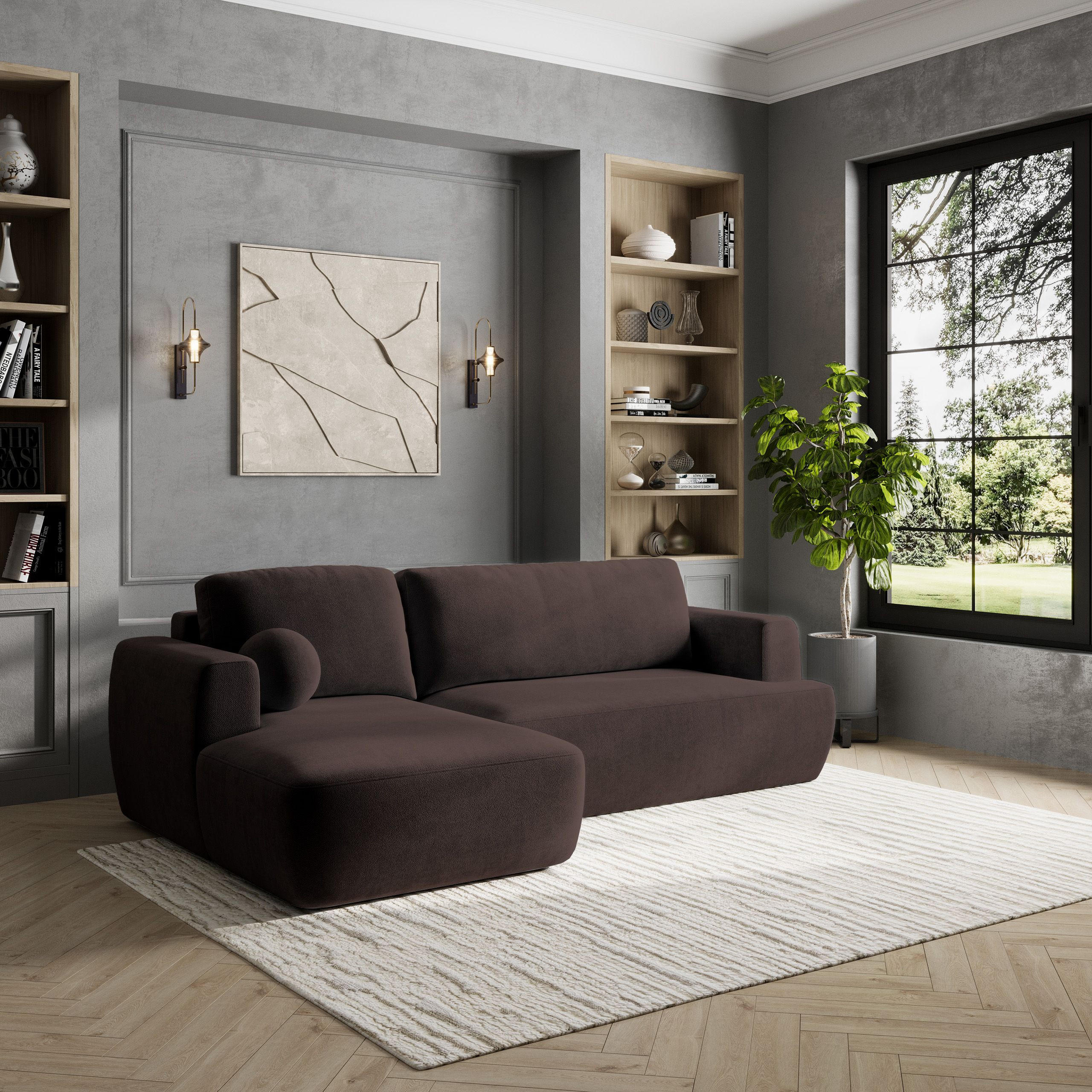 ECKSOFA SENTI K L-S Braun Plüsch-Stoff mit Schlaffunktion - Braun, Holz (246/148cm) - MASSENO