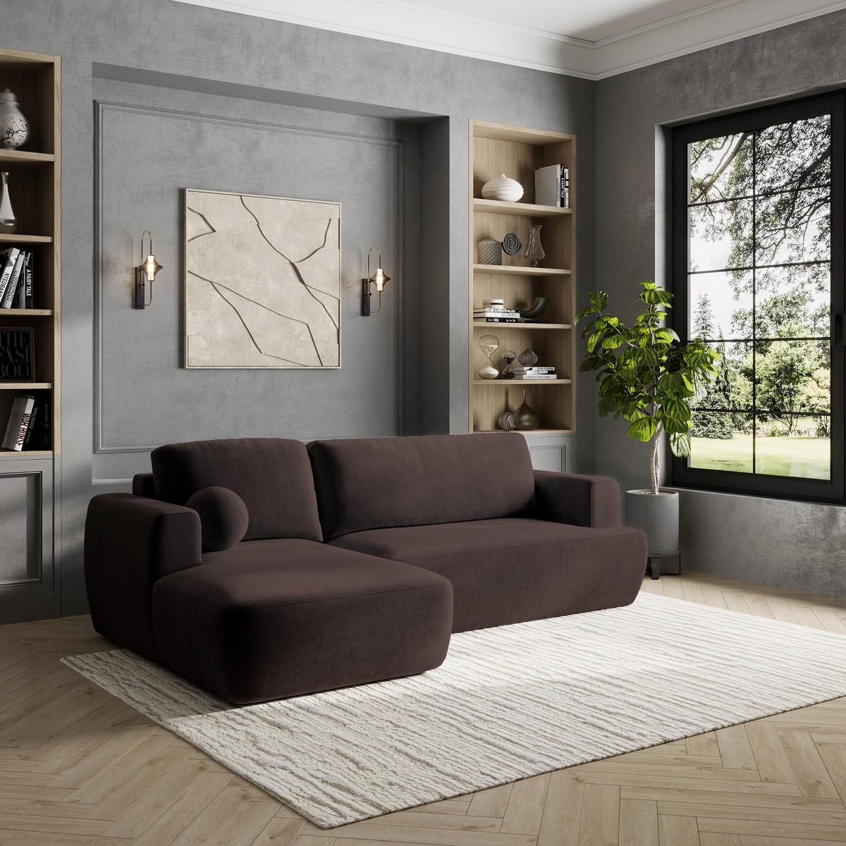 ECKSOFA SENTI K L-S Braun Plüsch-Stoff mit Schlaffunktion - Braun, Holz (246/148cm) - MASSENO