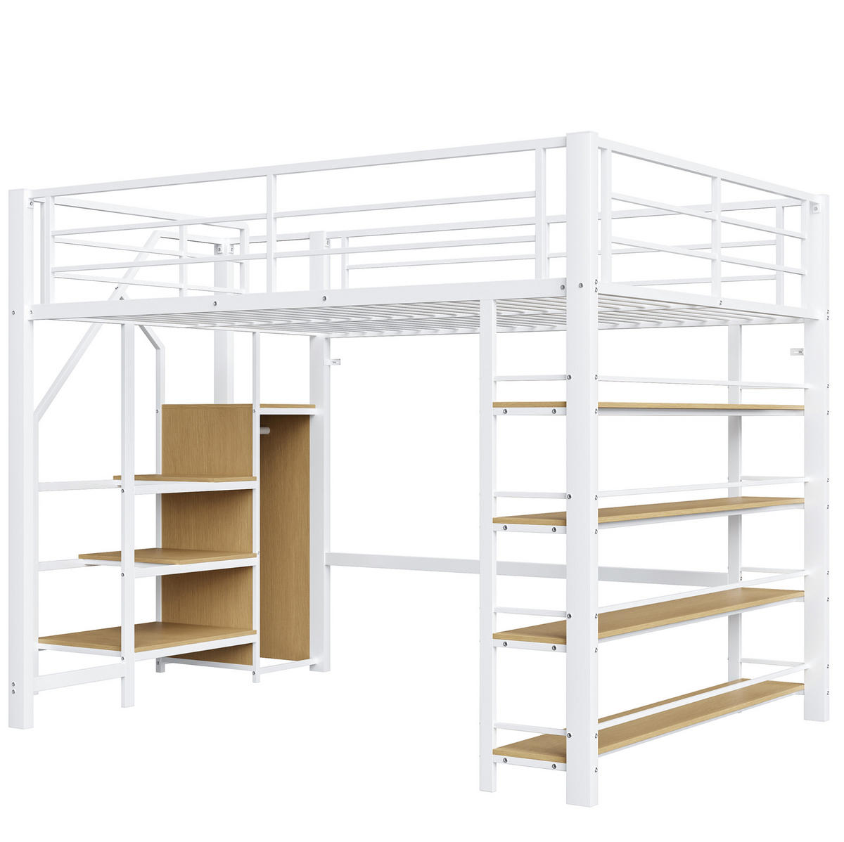 VYSOKÁ posteľ 140/200 cm biela z kovu s úložnými schodmi a malou skriňou - biela, kompozitné drevo (140/200cm) - OKWISH