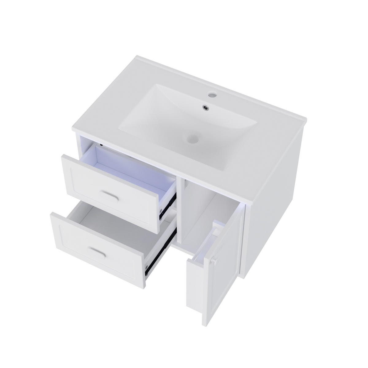 BADEZIMMER-HÄNGESCHRANK 76×46×51 cm, weiß, lackiert, mit LED-Radarsensor-Beleuchtung, 2 Schubladen, leisen Gleitschienen und integriertem Waschbecken - Weiß, Holzwerkstoff (46/51/76cm) - Ej. Life