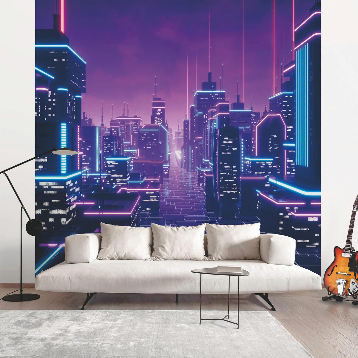 FOTOTAPETE Neon Stadtlichter 192/192 cm - Violett, Papier (192/192cm) - Bilderwelten