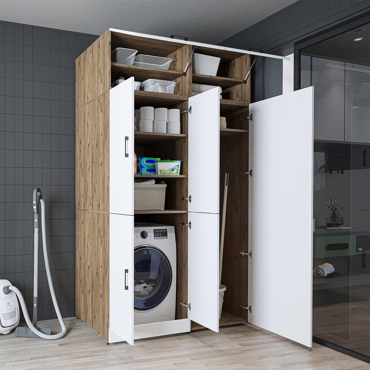 WASCHMASCHINENSCHRANK DORA-II 130cm Breit, 230cm Hoch - Eiche Bianco, Holzwerkstoff (130/230/73.8cm)