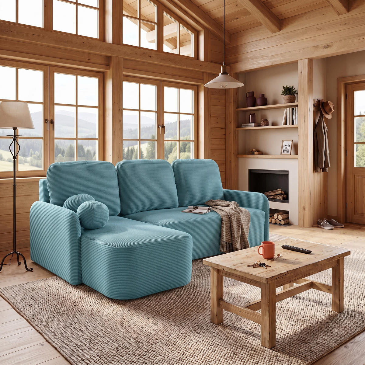 ECKSOFA CASPER L Links mit Schlaffunktion 132x198 Cord Blau - Blau/Schwarz, Holz/Kunststoff (217/145cm) - NACANAPA