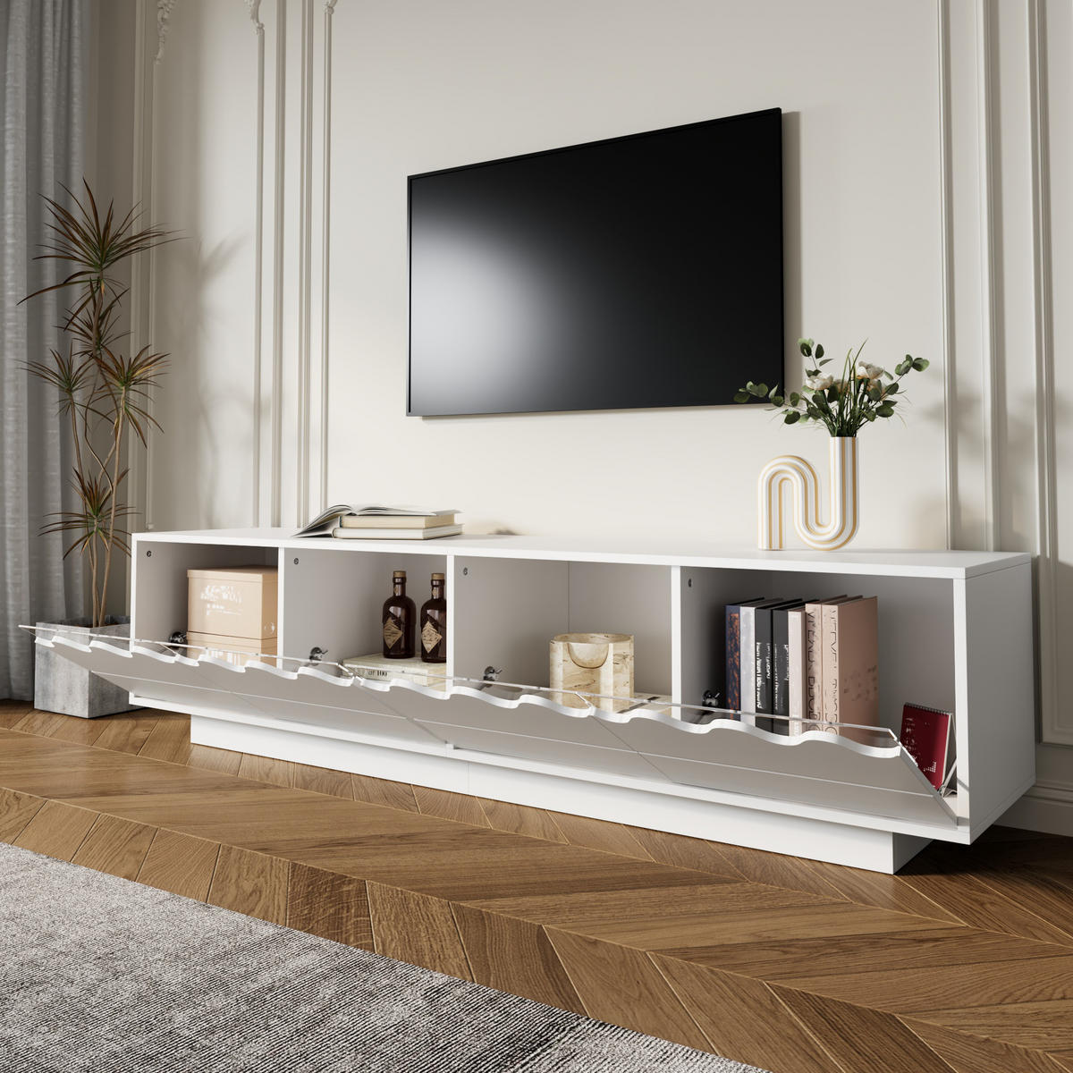 LOWBOARD in Weiß TV-Schrank mit 4 Türen und Wellen-Design für Wohnzimmer, B170/T40/H45 cm - Weiß, Holzwerkstoff/Metall (170/45/40cm) - STILVORA