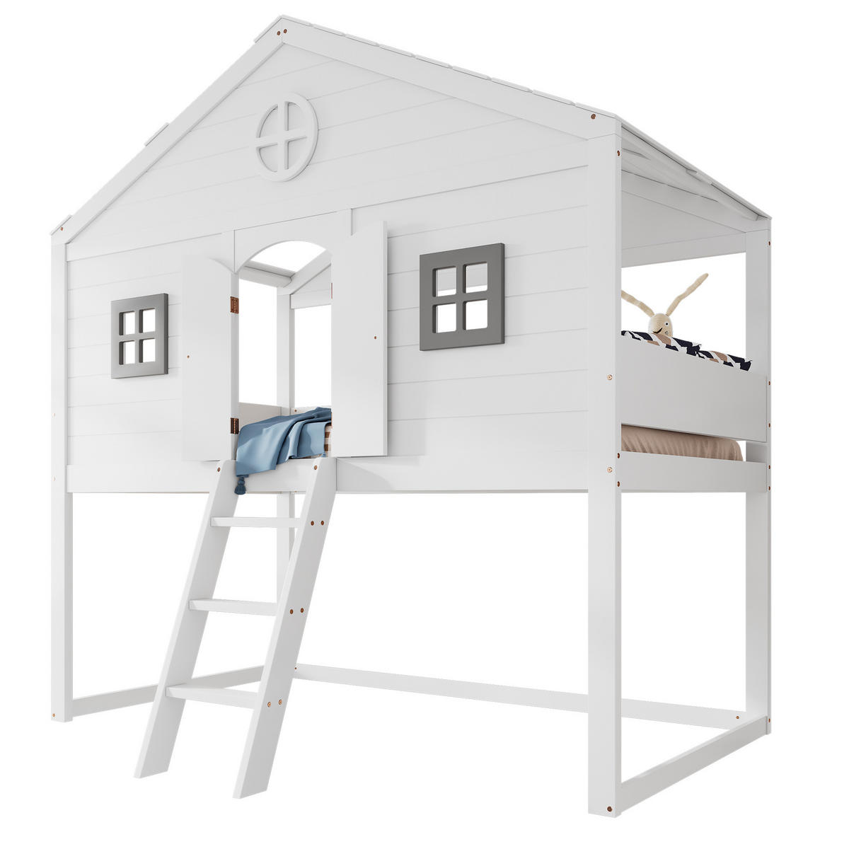VISOKA postelja 90/200 cm bela in siva iz masivnega lesa in MDF z lestvijo, zaščitno ograjo in okni - bela, les (90/200cm) - OKWISH