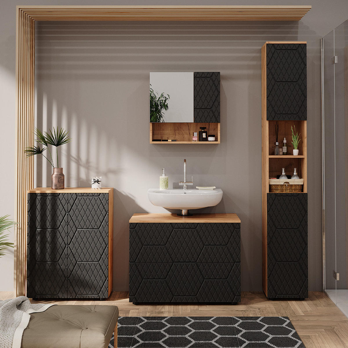 BADMÖBEL-SET Irma Anthrazit gestreift 4 Teile - Honigeiche/Anthrazit, Holzwerkstoff (80/58/41cm) - Vicco