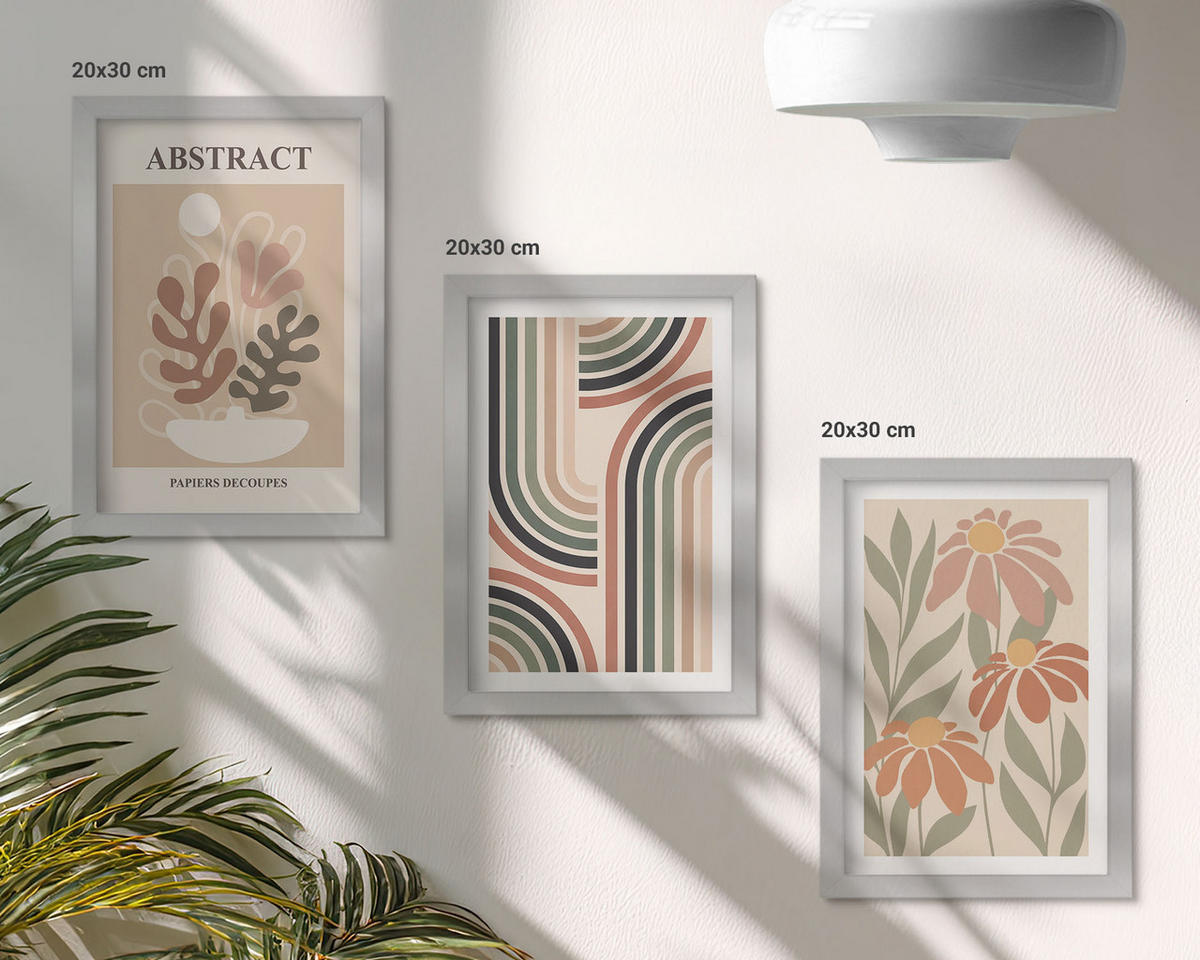 WANDBILDER 3er Set - 20x30 cm Silberner Rahmen - Abstrakte Pflanzen in Pastellfarben - Silberfarben, Kunststoff (20/30cm) - ArtPrintCave