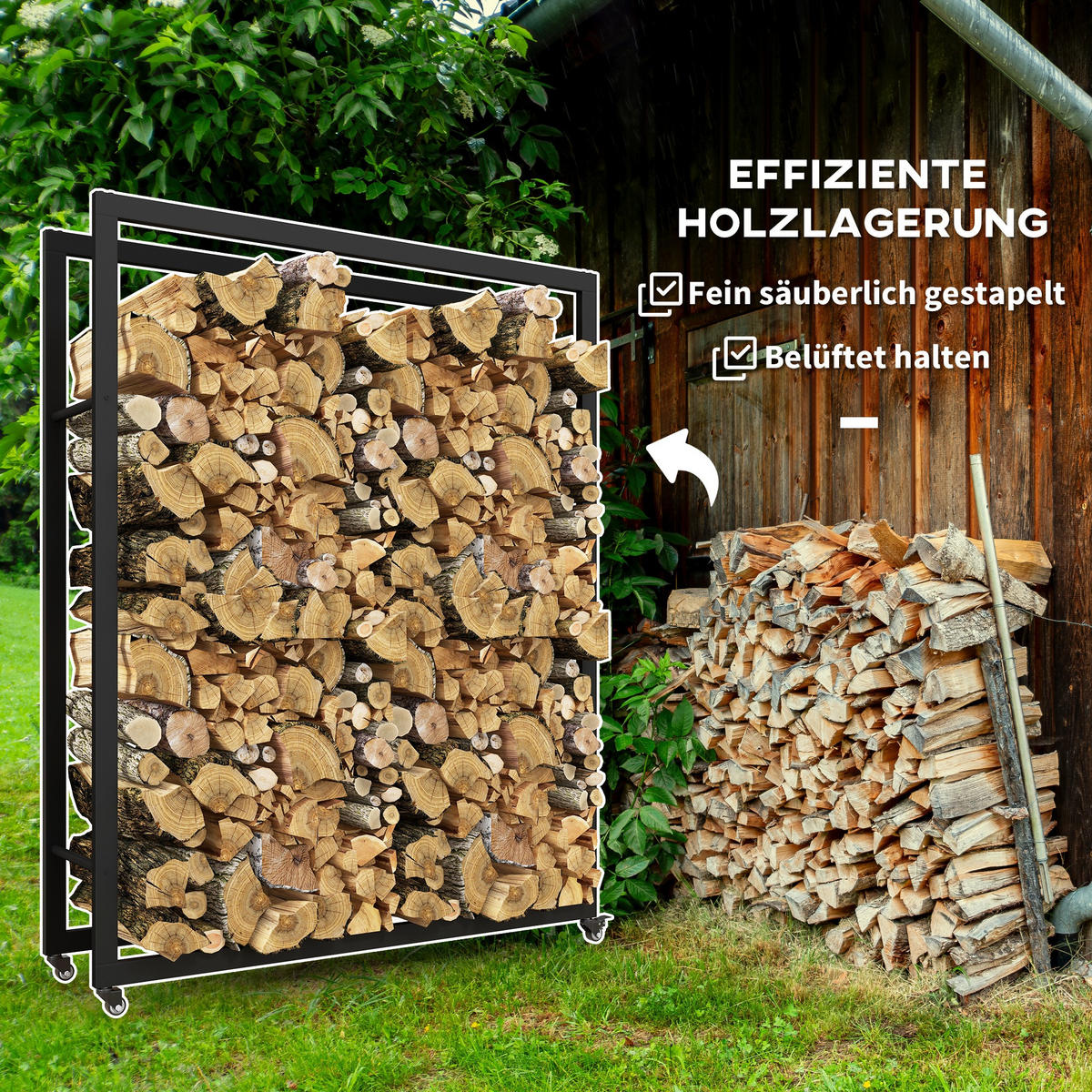 KAMINHOLZREGAL bis 150 kg - Schwarz, Metall (32/151/120cm) - Outsunny
