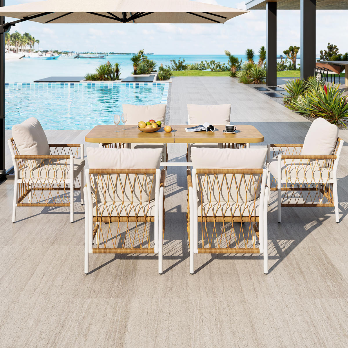 GARTENSETS aus Eisen & Polyester 159,5x77,5x75 cm Beige mit 1 Tisch & 6 Stühlen - Beige, Metall - Modfu