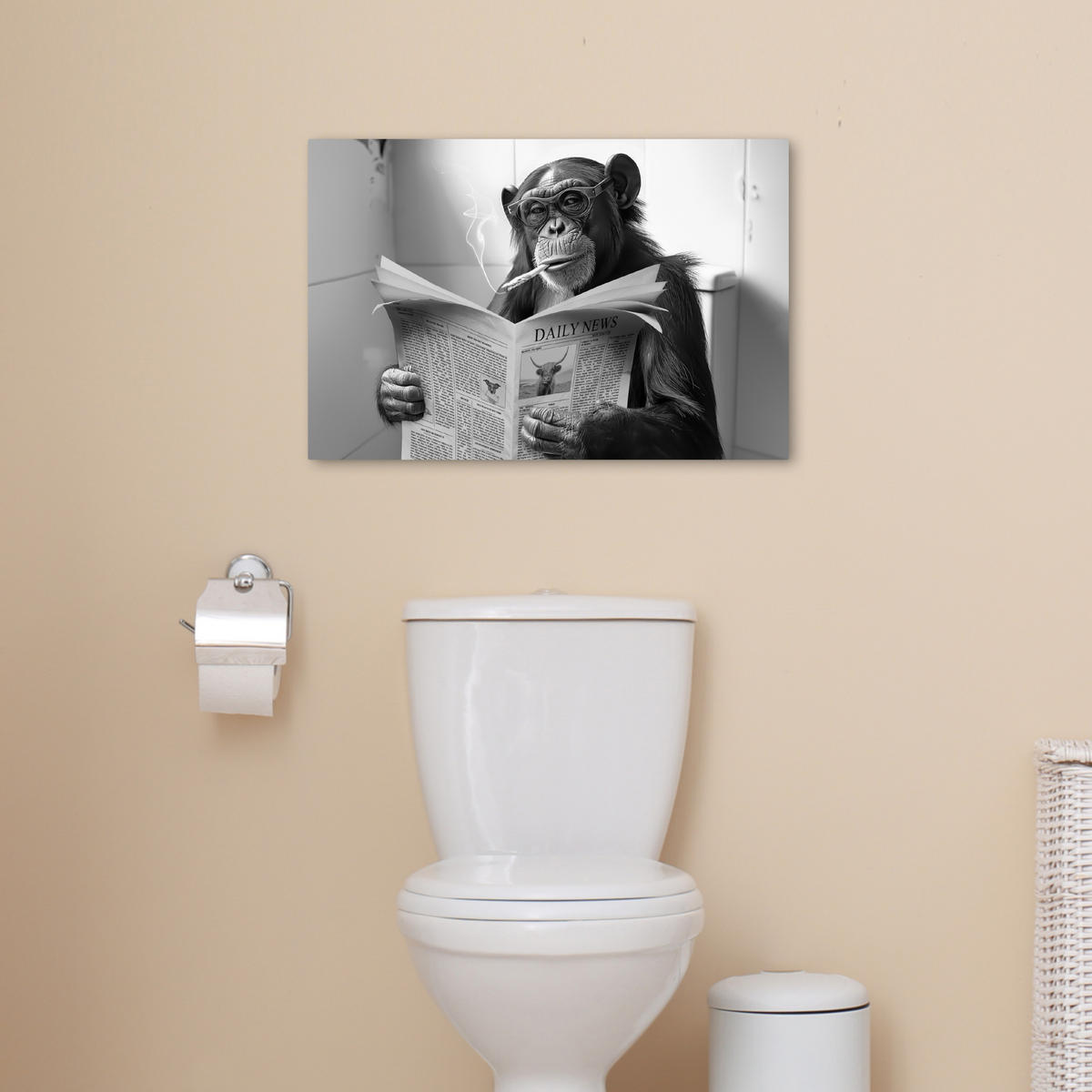LEINWANDBILD Affe - WC - Zeitung - Schwarz-Weiß - Humor Gemälde 60x40 cm - Hellgrau, Textil (60/40cm) - MuchoWow