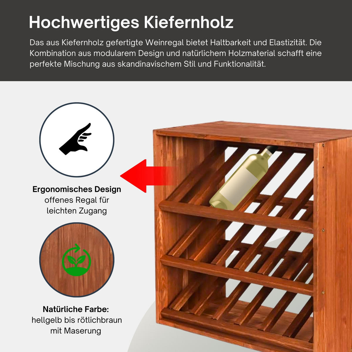 WEINREGAL Vincellar Mod 60x60x30 cm Schräg Modul Für 18 Flaschen Massives Kiefernholz Braun Geölt - Braun, Holz (60/60/30cm) - PROREGAL