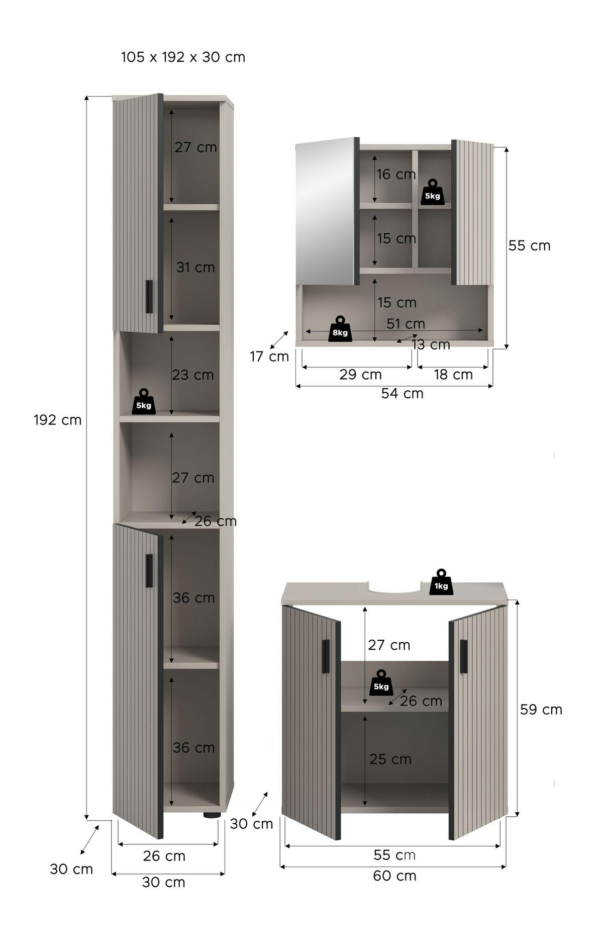 BAD-SET MONE 3-tlg. (B/H/T: ca. 105/192/30 cm) in Kaschmir/Kaschmir - Sandfarben, Holzwerkstoff (105/192/30cm)