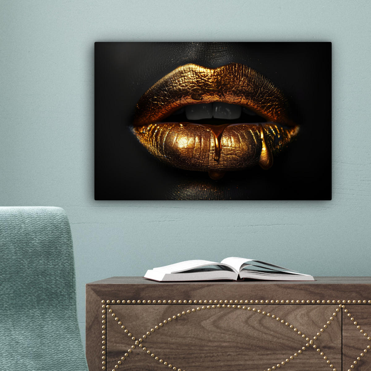 LEINWANDBILD Frau - Porträt - Lippen - Gold - Schwarz Deko Schlafzimmer 30x20 cm - Schwarz, Textil (30/20cm) - MuchoWow