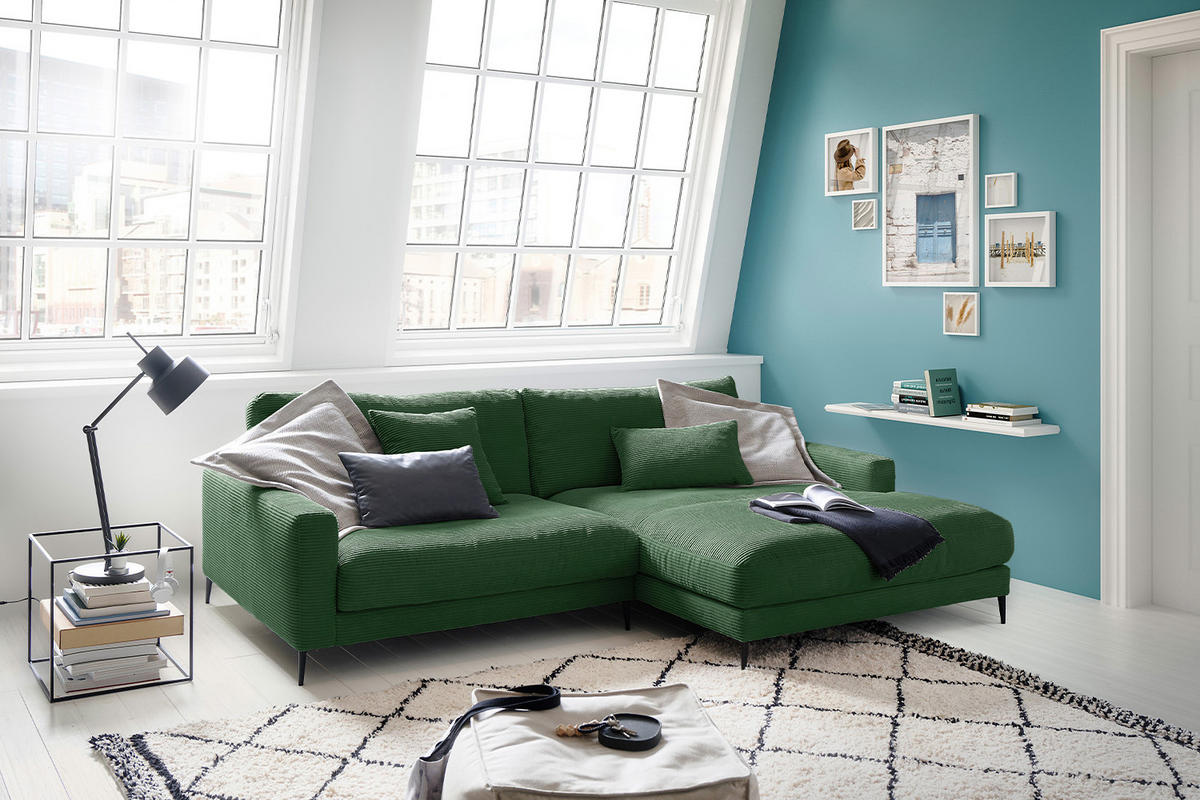 ECKSOFA CARA Smaragdgrün Cord - Smaragdgrün/Dunkelgrün, Textil/Metall (272/190cm) - KAWOLA