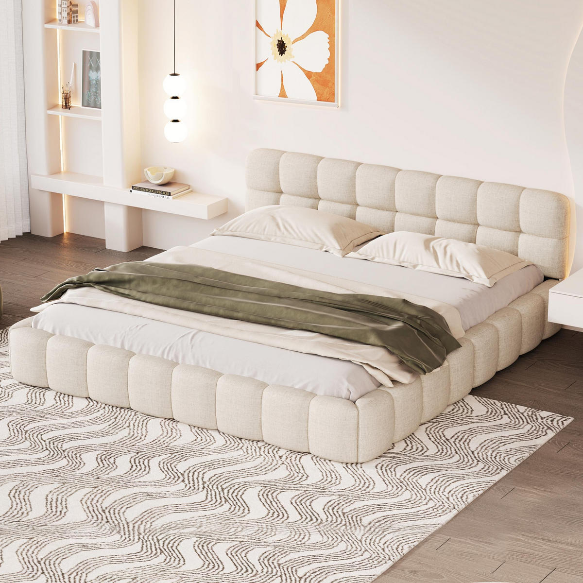 POLSTERBETT 140x190 cm Fleur Soft mit Blumenrand-Design und weicher Rückenlehne, Leinen-Optik Beige - Beige, Textil (140/190cm) - DELFA
