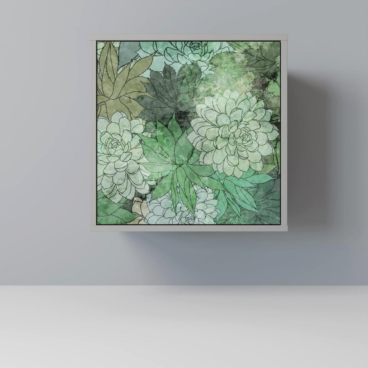 SIDEBOARD SUCCULENT CLUSTER, Grau, 57,5x42x67,5 cm, Schwarze Metall-Rahmenfüße - Multicolor/Schwarz, Holzwerkstoff/Metall (57.5/67.5/42cm) - SpaceRebels