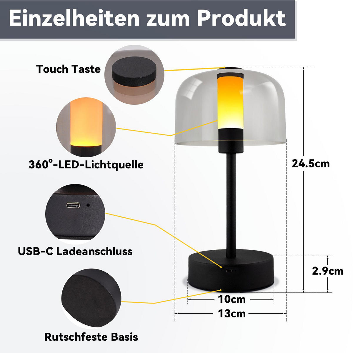 LED stolní lampa, 24,5/13/13 cm - černá, kov (24.5/13/13cm) - Nettlife