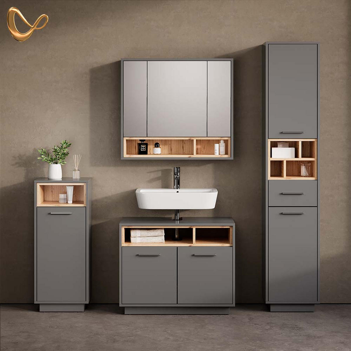 BADMÖBEL-SET Temo Anthrazit 4 Teile - Anthrazit/Sonoma Eiche, Holzwerkstoff (80/93/40cm) - Livinity®
