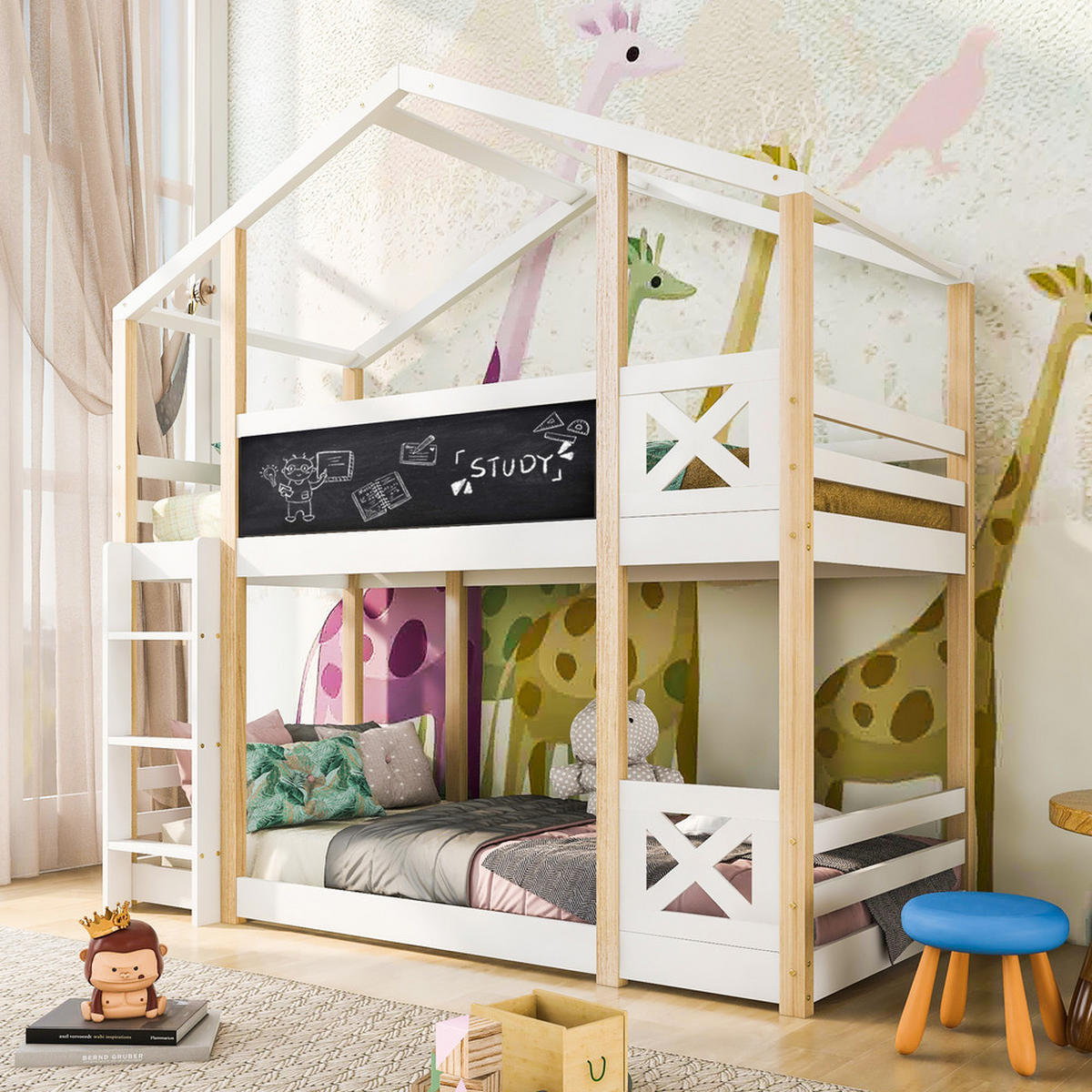 HOCHBETT BAUMHAUS 90x200cm mit Leiter Natur & Weiß - Weiß, Holz (90/200cm) - FLIEKS