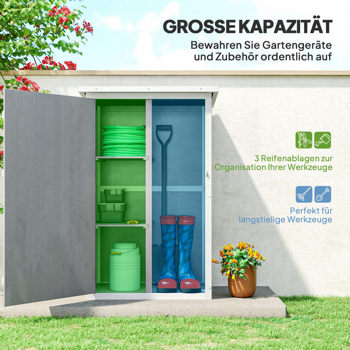 GARTENHAUS Geräteschuppen, mit Regalböden, für Garten, Tanne, Schwarz+Grau+Weiß - Schwarz/Weiß, Holz (56/115/75cm) - Outsunny
