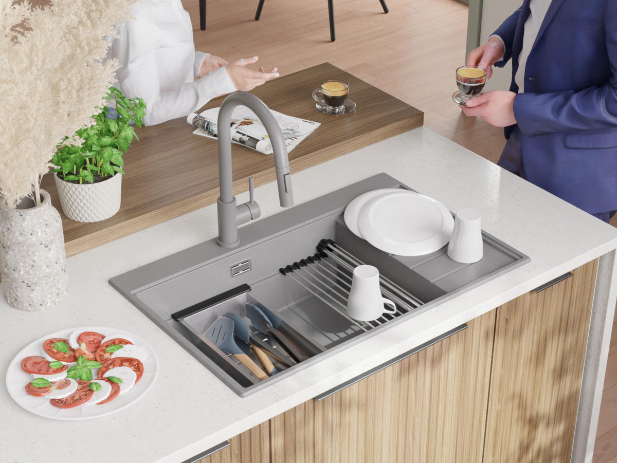 SPÜLBECKEN Sydney, 2-er set Grau 78/50 cm 1 Becken + Ablauf-Set + Küchenzubehörset ab 60er Unterschrank - Chromfarben/Beige, Kunststoff (78/20/50cm) - Primagran