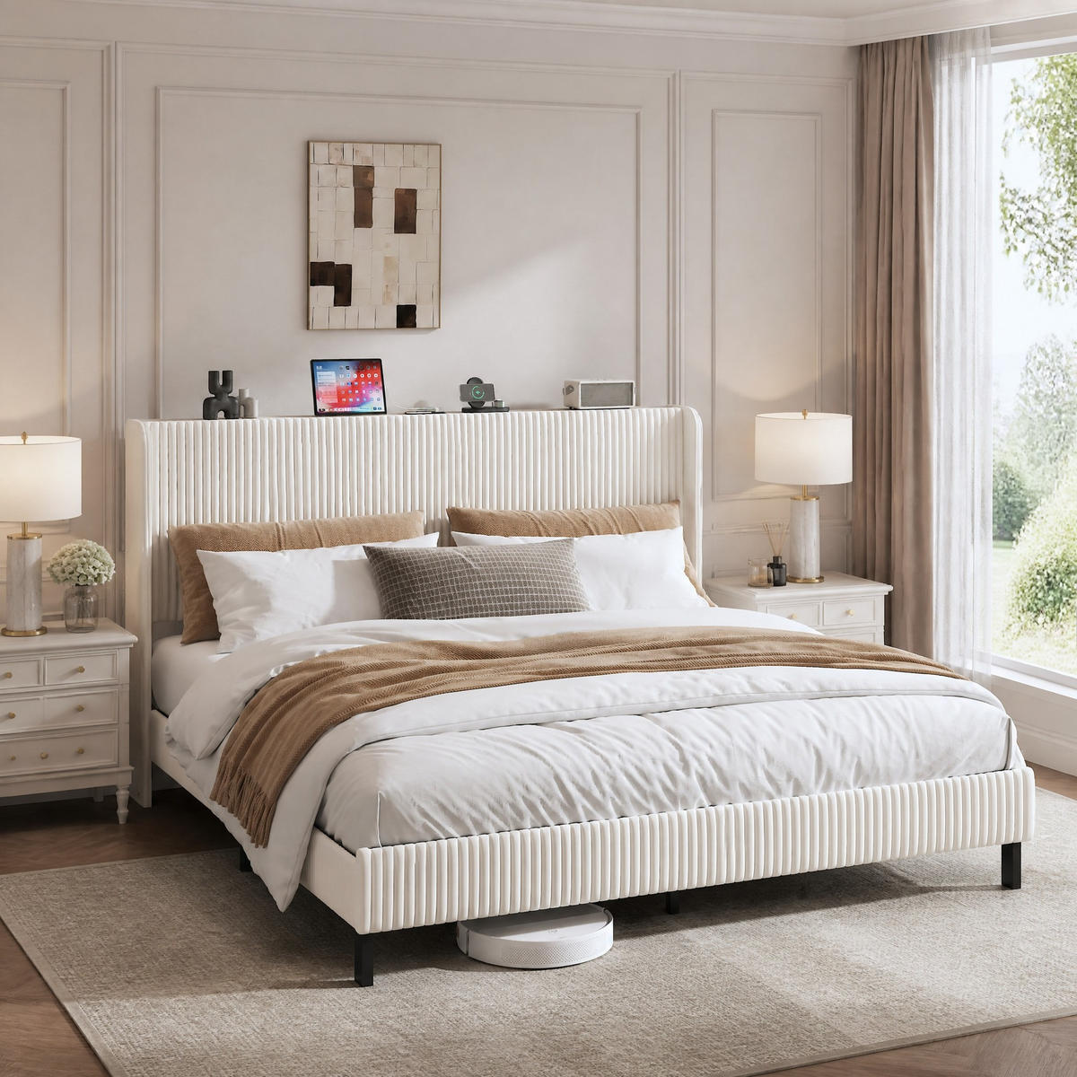 POLSTERBETT 180x200 cm in Beige und Creme mit Cord-Kopfteil und Metalllatten - Beige, Textil (180/200cm) - IVMEU