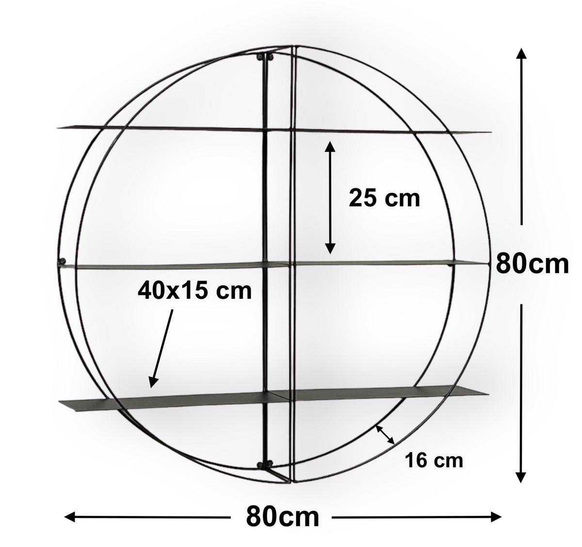 WANDREGAL rund 2-teilig Metall Schwarz 80/16/80 cm - Schwarz, Metall (80/80/16cm) - DanDiBo