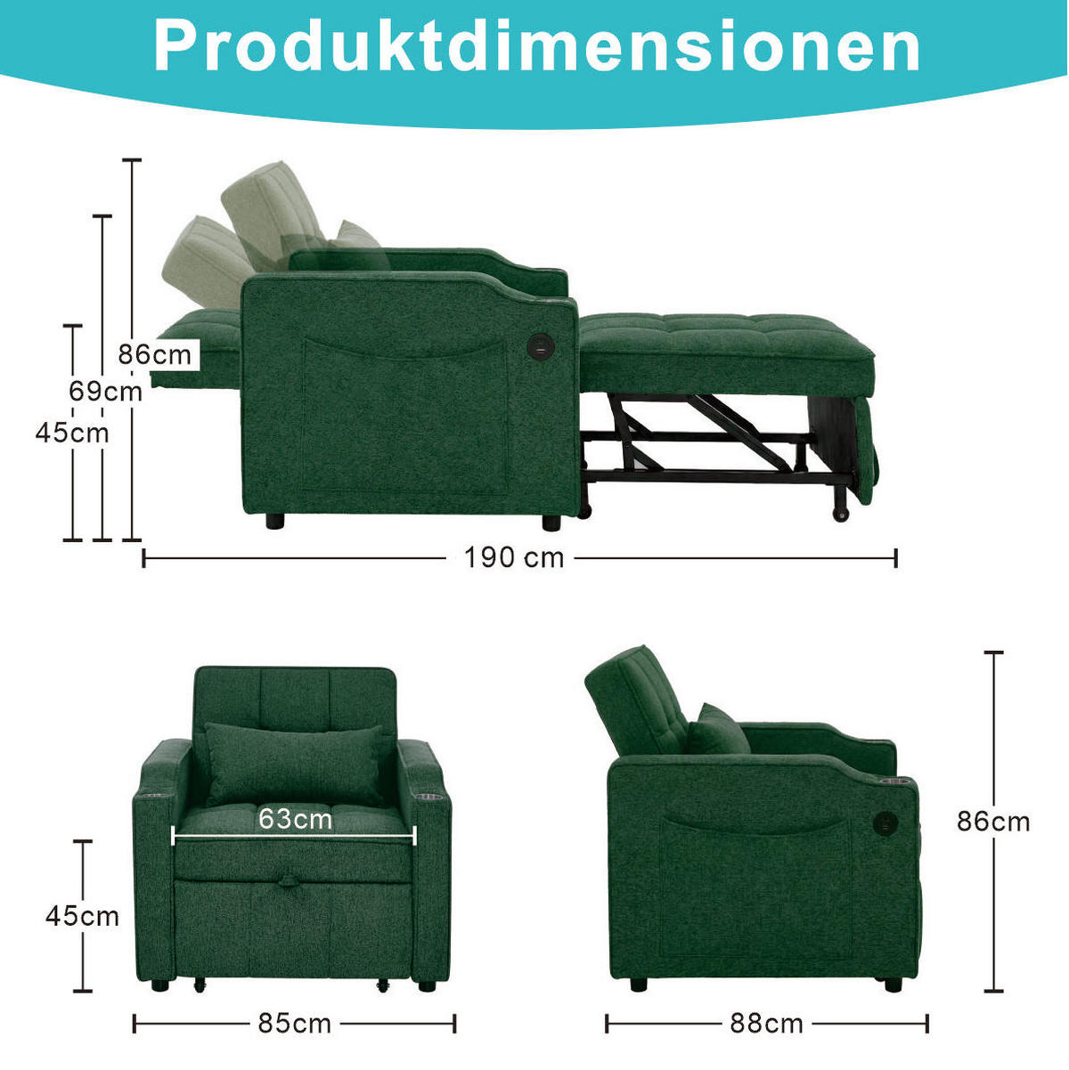 SCHLAFSESSEL 3-in-1 mit Liegefunktion 190 cm Stoff - Grün, Holz (85/86/190cm) - Meubliv