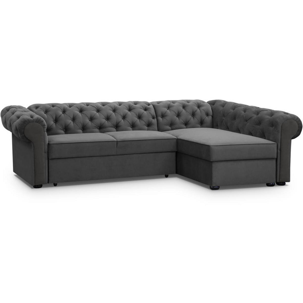 ECKSCHLAFSOFA Chester im Chesterfield-Stil, Grau, rechts - Schwarz/Grau, Textil (278/173cm) - Beautysofa